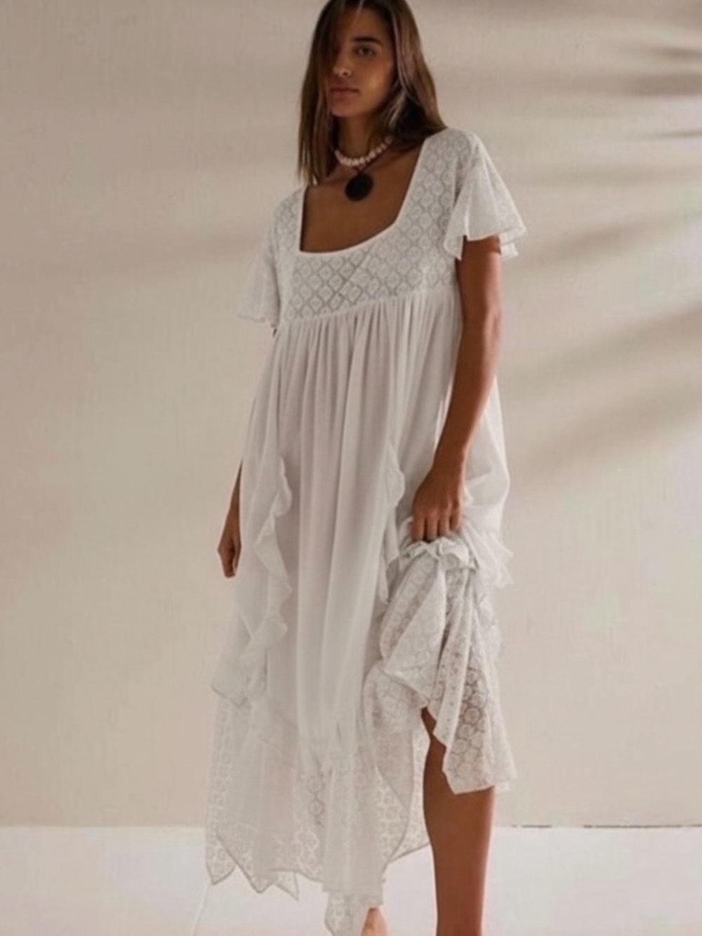 Free People Bring The Romance White Lace Midi Dress - Boho V-Neck Medium